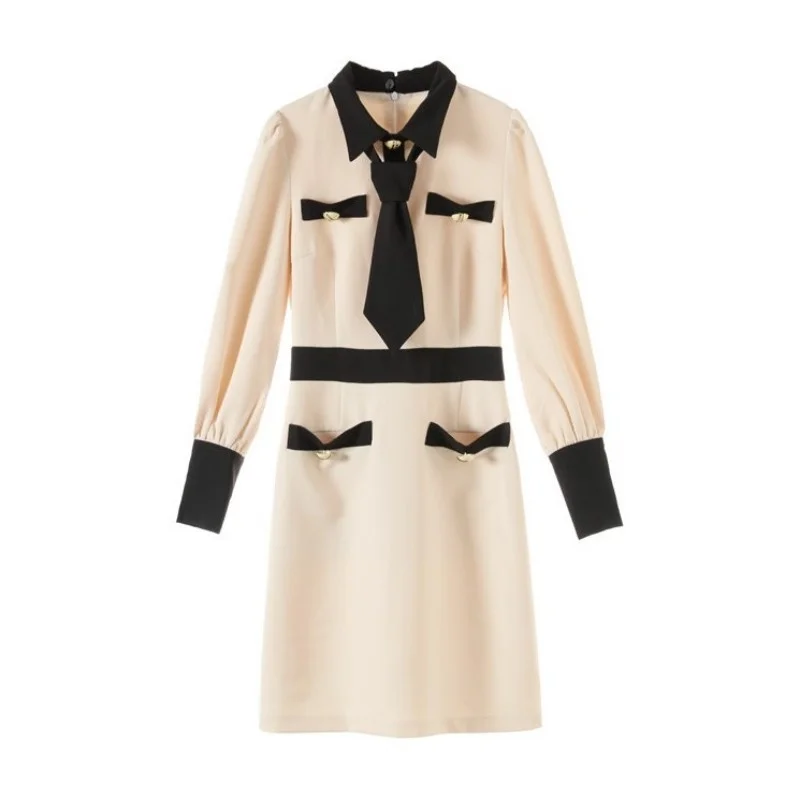 

Women Fashion Long Lantern Sleeve A Line Short Dress Tie Colors Mixed Slim Fit Elegant Ladies Mini Dresses 2022 Designer Dress