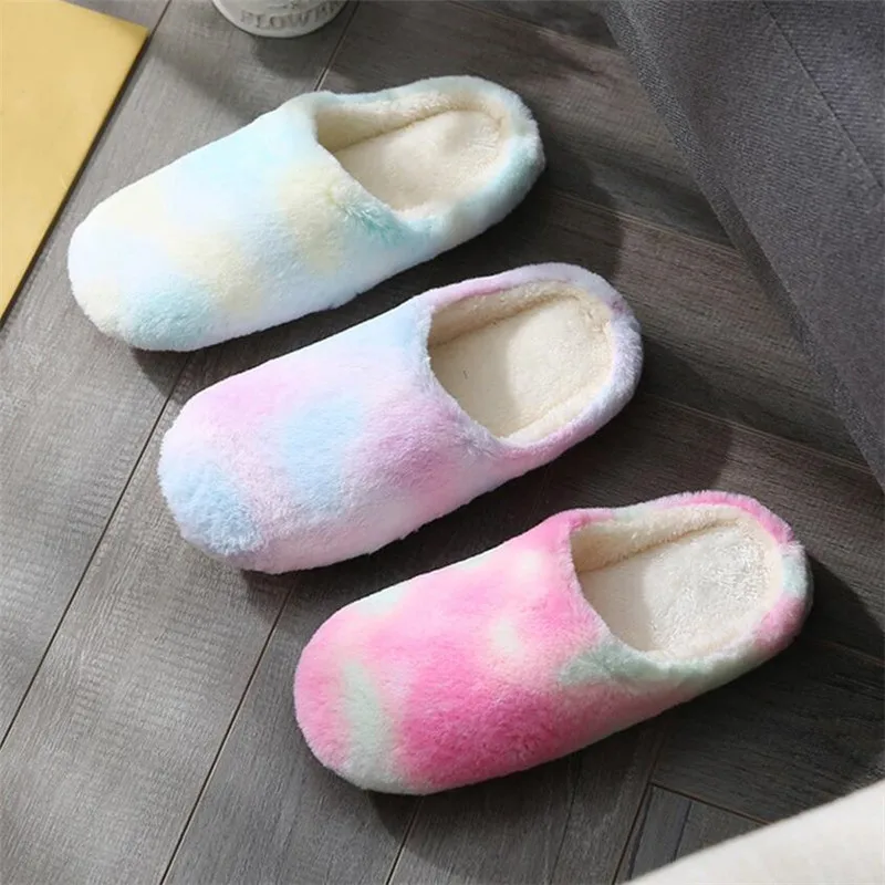 COOTELILI Women Home Slippers With Faux Fur Flats Heel Winter Shoes Keep Warm Shoes For Woman Rainbow Basic Plus Size 41 42 43