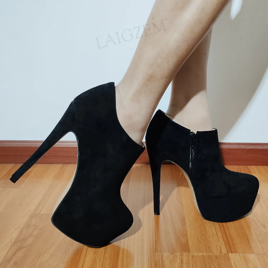 LAIGZEM Women Ankle Platform Boots Faux Suede High Heels Boots Side Zip Handmade Ladies Botas Shoes Woman Large Size 38 44 47 52