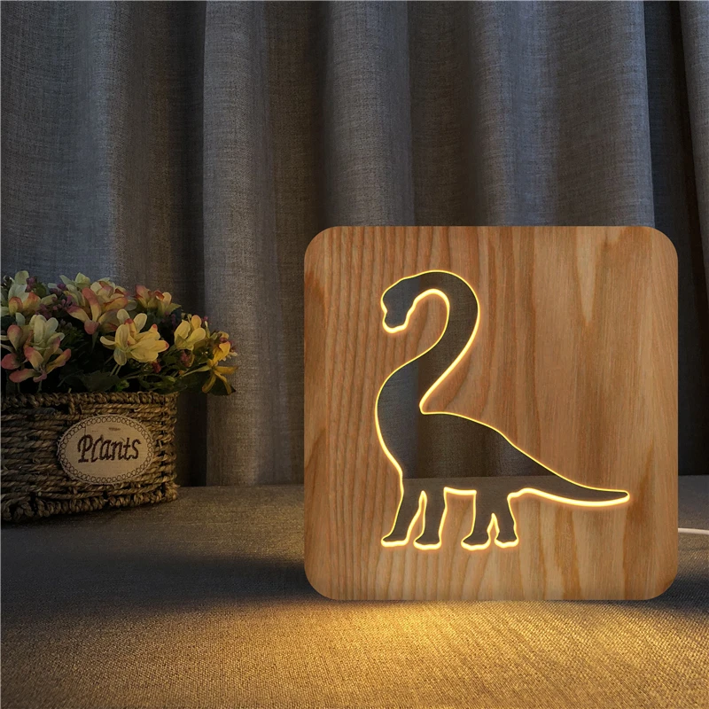 LED Animal Dinosaur Table Lamp, Brontosaurus Wood, Decoração do quarto das crianças, Creative USB Night Light, Interior Luzes de Natal