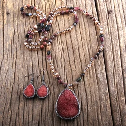 RH Fashion Jewelry Set Boho Beaded Necklace Natural Stone & Druzy Pendant Necklace Earring Set For Women Gift Whole