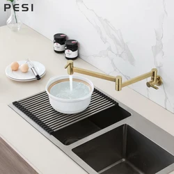 Brushed Golden Single Lever Rotate Folded Wall Mounted Sink Bathroom Kitchen Faucet 360 Rotation Faucet Single Cold Faucet.