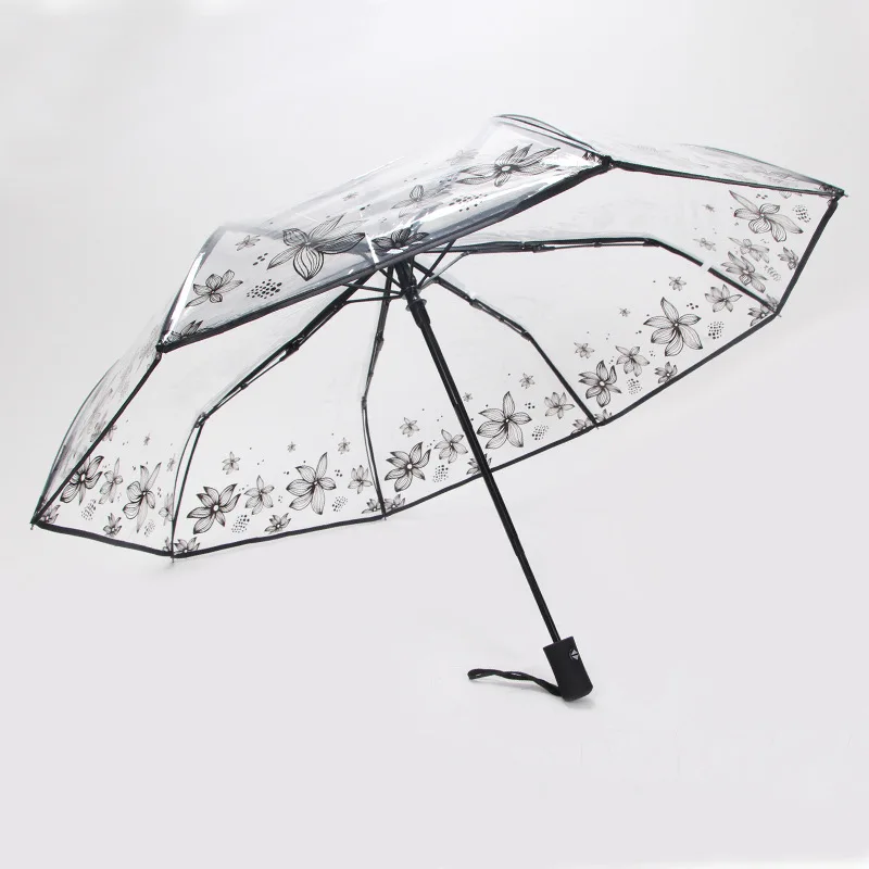 Transparent Thicken Three Fold Women Rain Umbrella Romantic PVC Clear Automatic Umbrellas Flower Printed Umbrella For Girls Kids