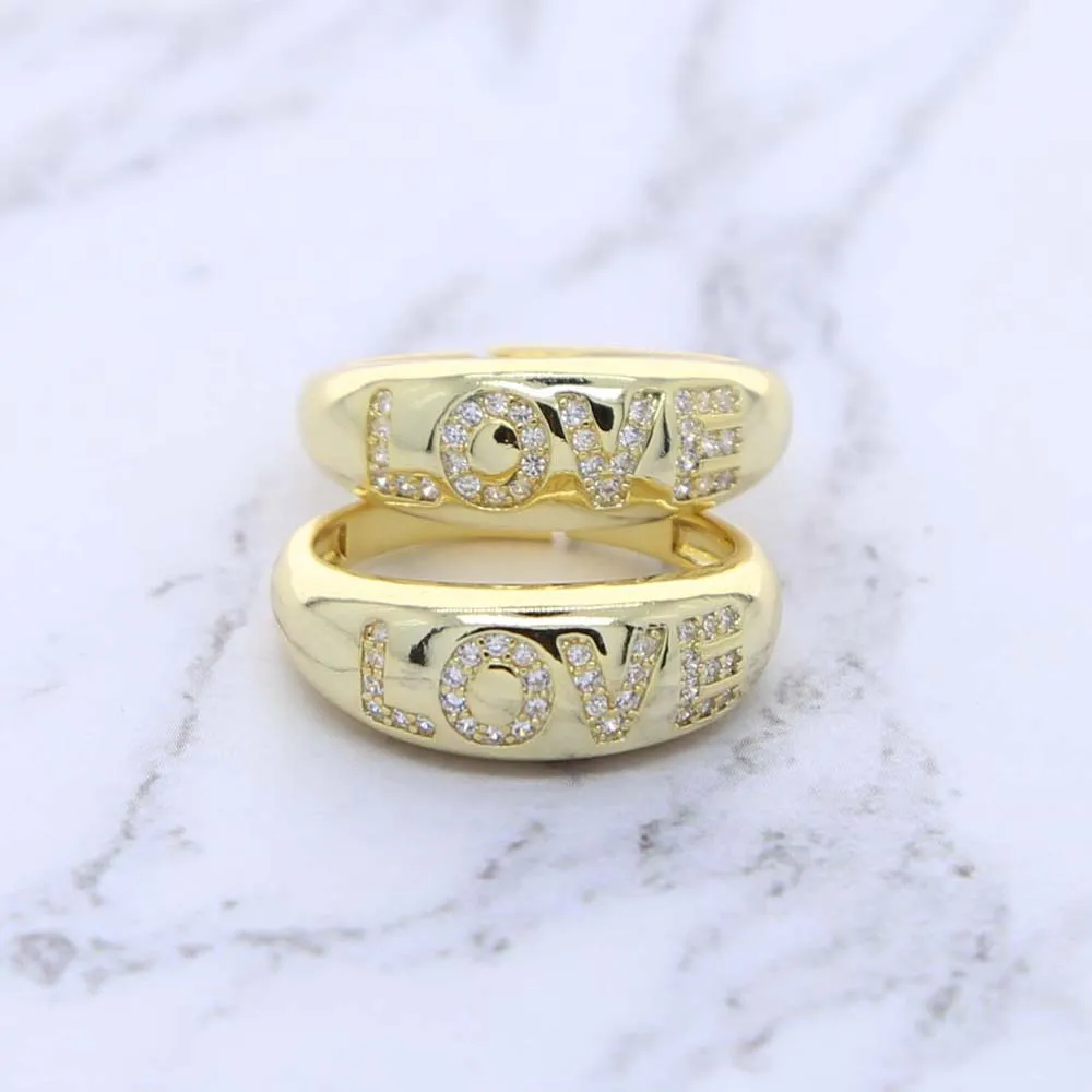 Gold color delicate classic wide band engraved cz love letter ring for Women fashion engagement Wedding finger rings Jewelry