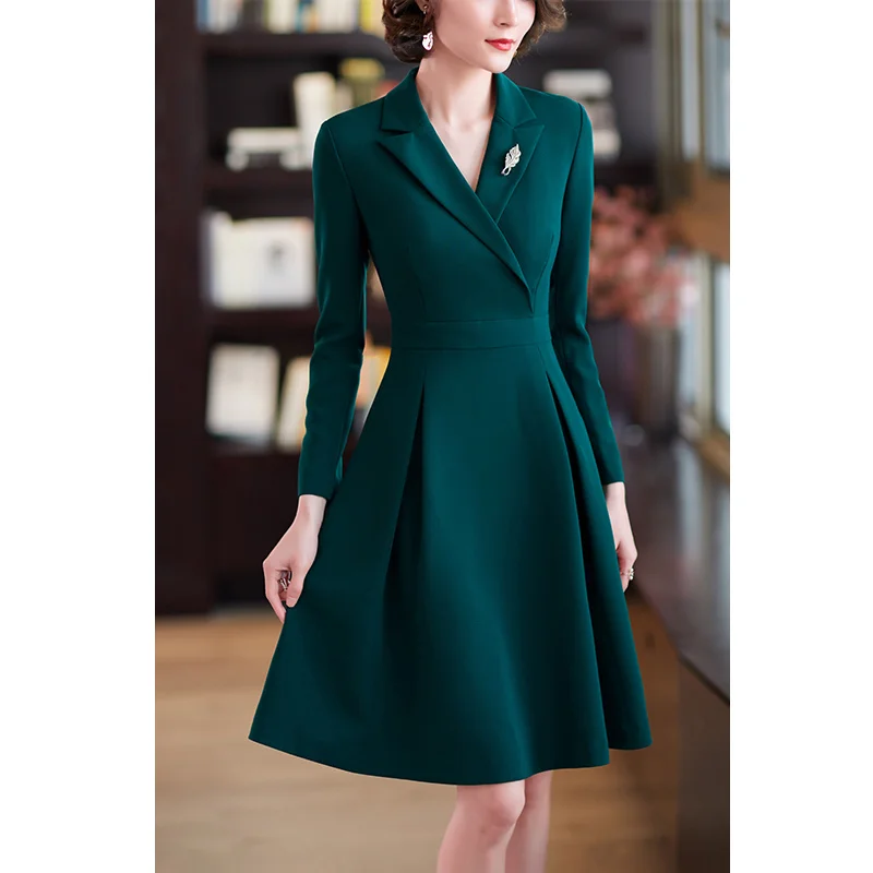 Frühling Herbst Frauen Elegante Blazer Kleid Langarm V-ausschnitt Slim A-linie Midi Kleider Büro Damen Arbeiten Formale Kleidung übergroßen