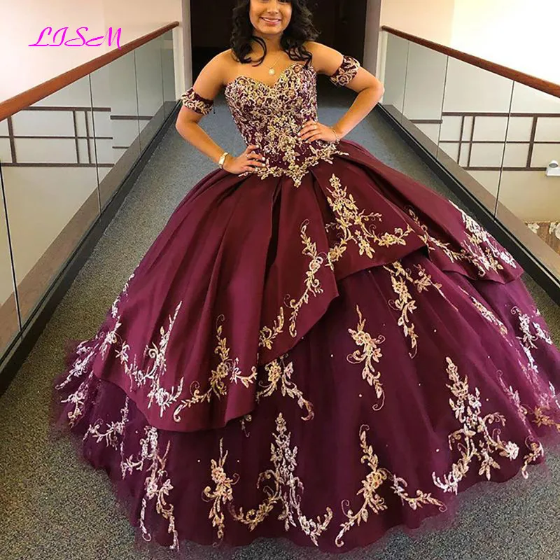 Schatz Ballkleid Quinceanera Kleider mit Gold Appliqued Tiered Rock Perlen Süße Prom Party Kleid vestidos de 15 anos