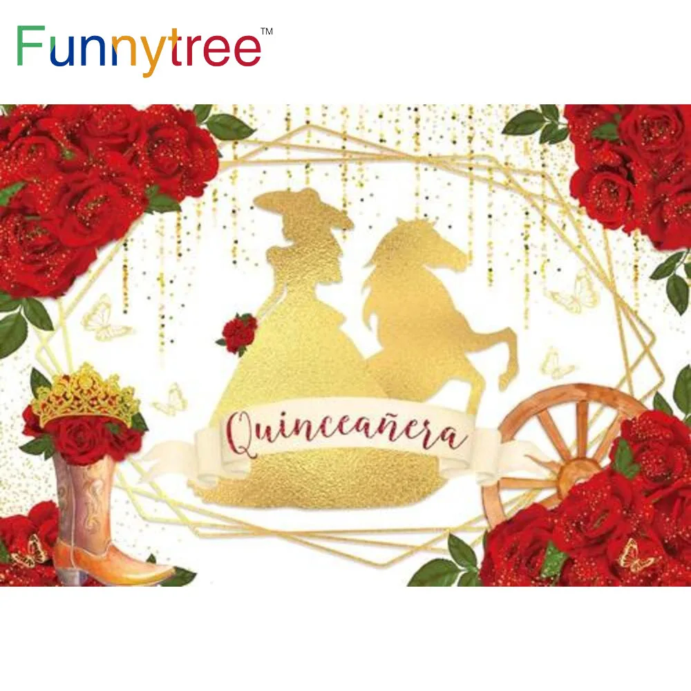

Funnytree Red Rose Western Quinceañera Backdrop Girl Princess Sweet 15 16 Sixteen 15th Birthday Party Decor Banner Background