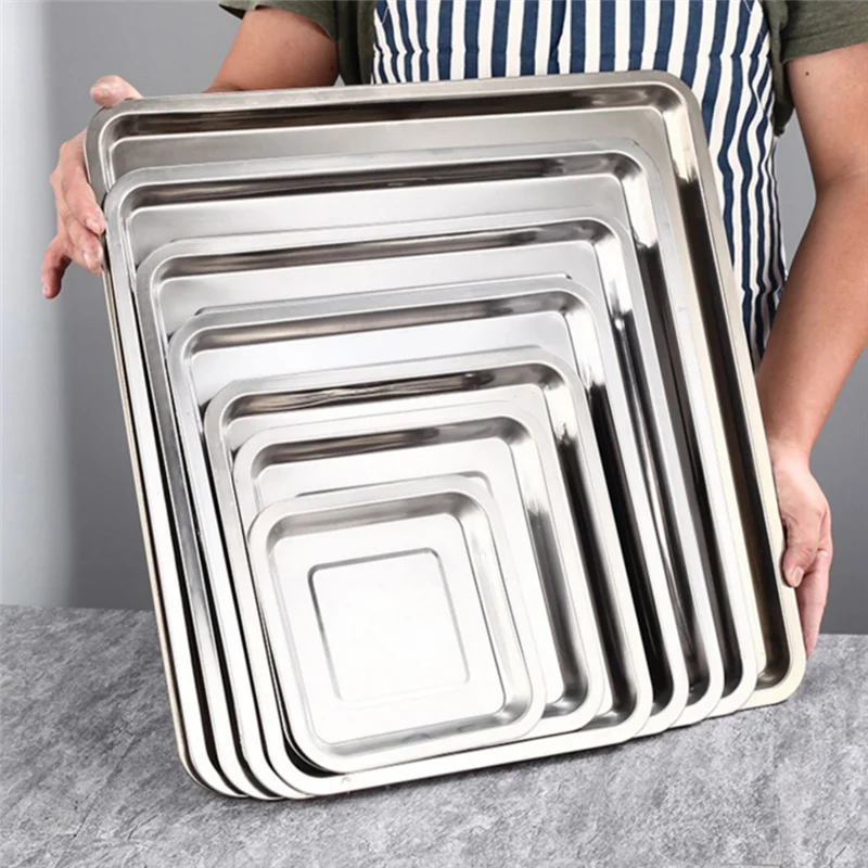 Stainless Steel Square Food Storage Tray Steamed Sausage Shallow Plate Bread Baking Pans Kitchen Accessories