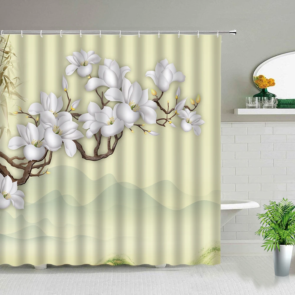 Cortinas de ducha de flores y plantas 3D, estampado de flores de diente de león púrpura Simple, poliéster, decoración del hogar, cortina de baño impermeable