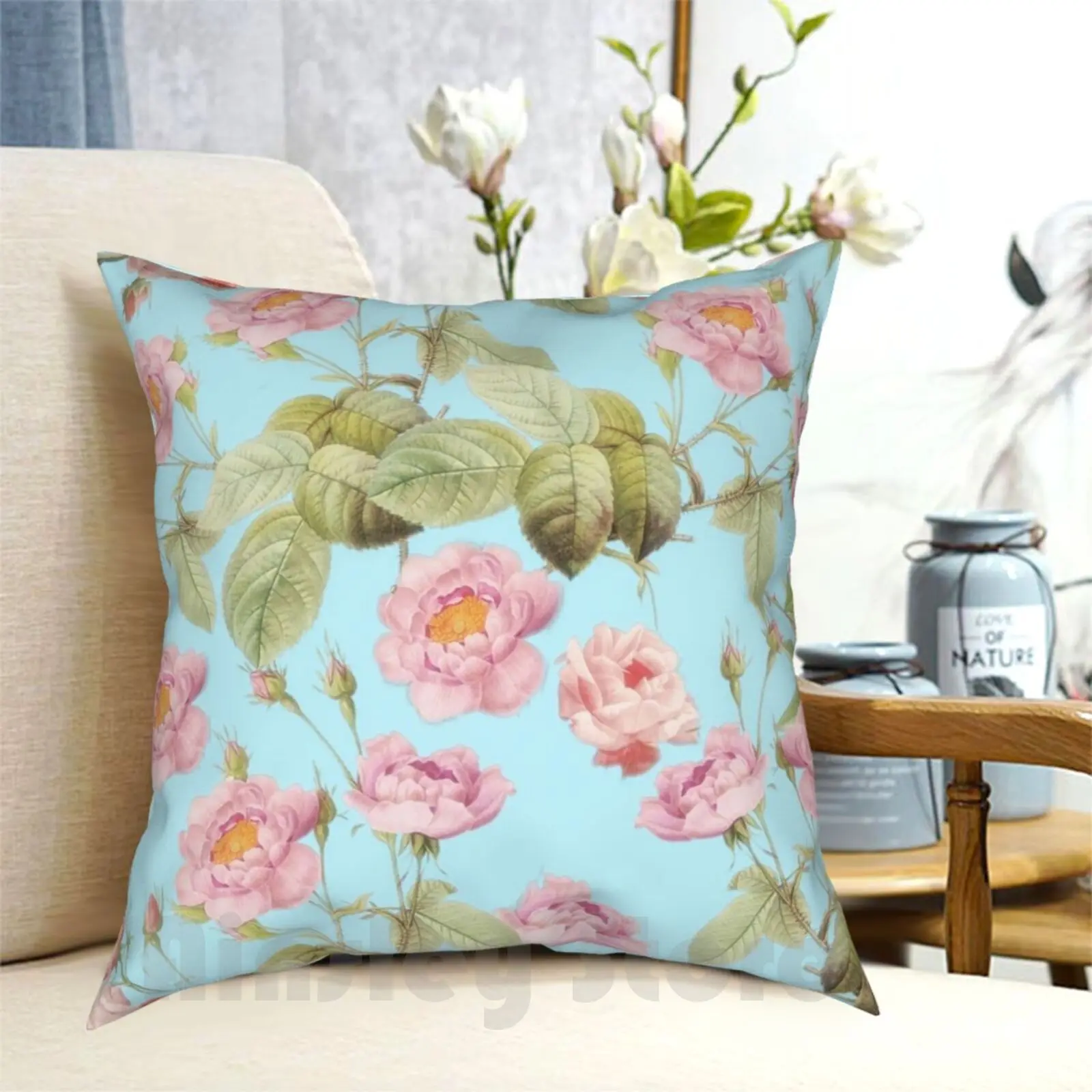 Old Vintage Roses On Teal Pattern Pillow Case Printed Home Soft DIY Pillow cover Blossom Spring Flower Pink Nature Season