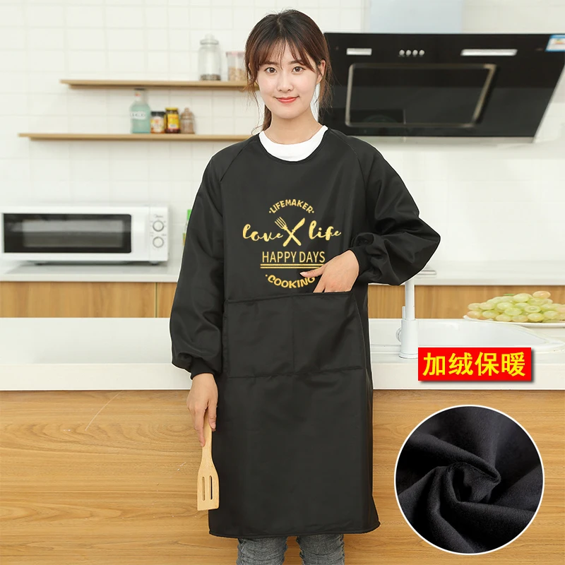 Winter women's overalls plus velvet thickening warm household kitchen waterproof cooking adults aprons long sleeves custom logo