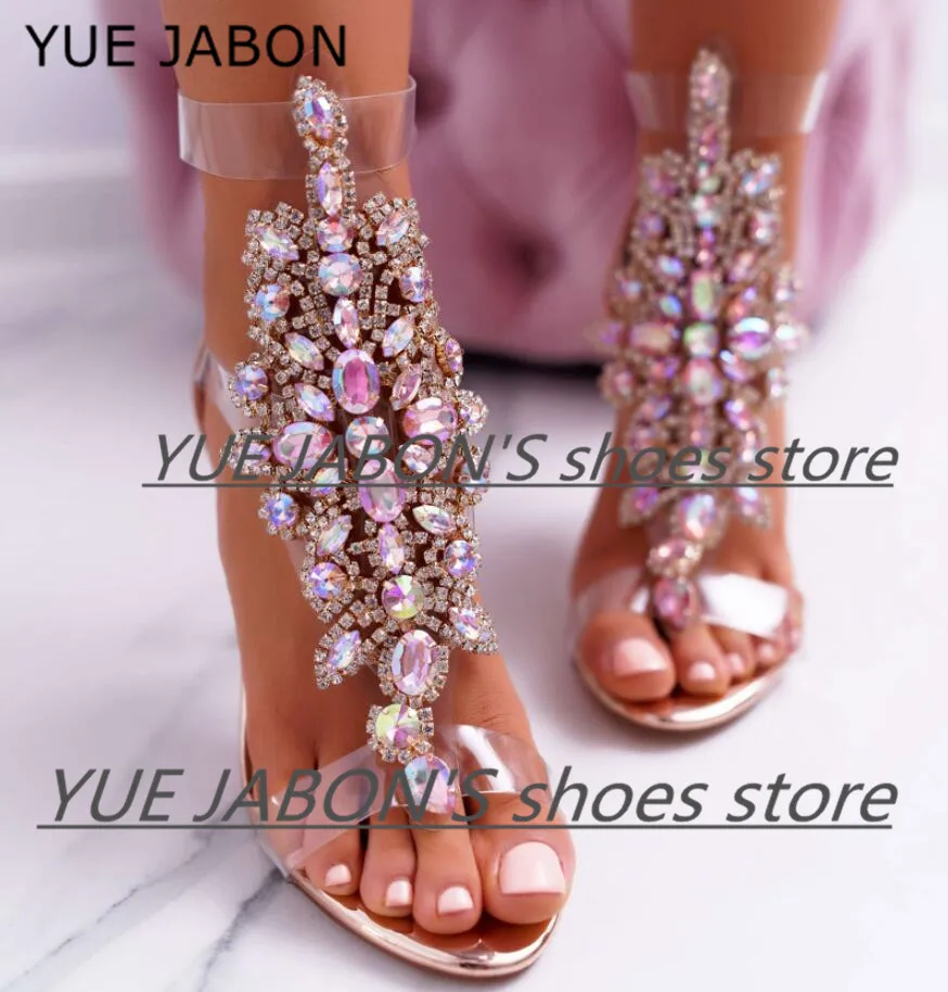 Sexy PVC Transparent Gladiator Sandal Boots Woman Open Toe T-strap Rhinestone Diamond Shoes High Heel Shoes Women Colorful Boots
