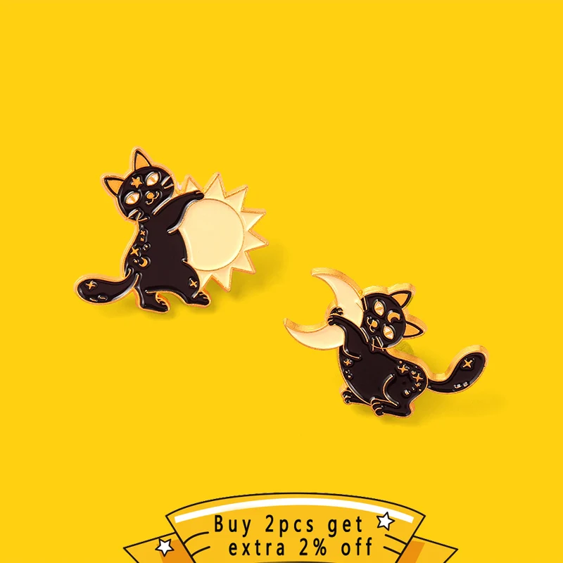 Cartoon Black Cat Moon Sun Enamel Pins Punk Gothic Brooch Lapel Badge Clothes Backpack Hat Metal Brooch Halloween  Jewelry Gift