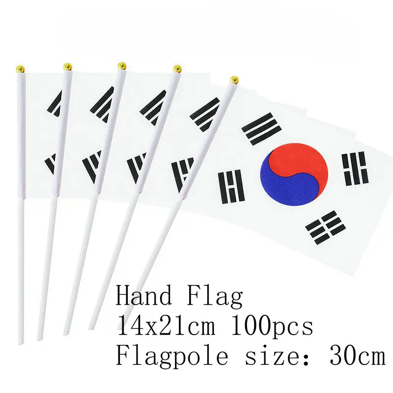 SOUTH Korea Hand Flag 14*21cm 10/20/50/100pcs polyester south Korea Small Hand waving Flag with plastic flagpole for decoration