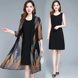 Suit/Single Piece Women Chiffon Print Cardigan Jacket Mother And Dress Half Sleeves Two Piece Suit Summer Long Dresses