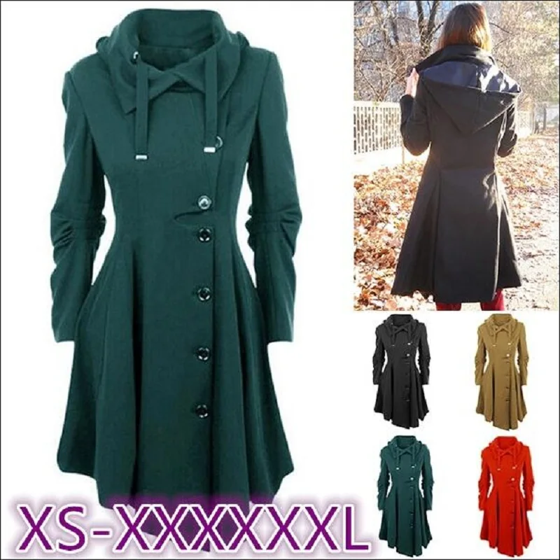 Plus Size S-7XL Fashion Women Tops Long Medieval Trench Coat Women Winter Black Gothic Coat Elegant Women Coat Vintage Female