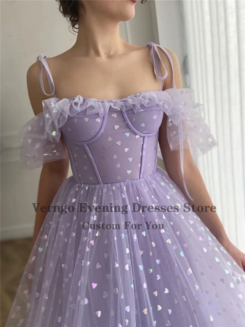 Verngo 2021 Bright Lavender Tulle With Heart Prom Dresses Off the Shoulder Straps Corset Boning Tea Length Formal Party Gown