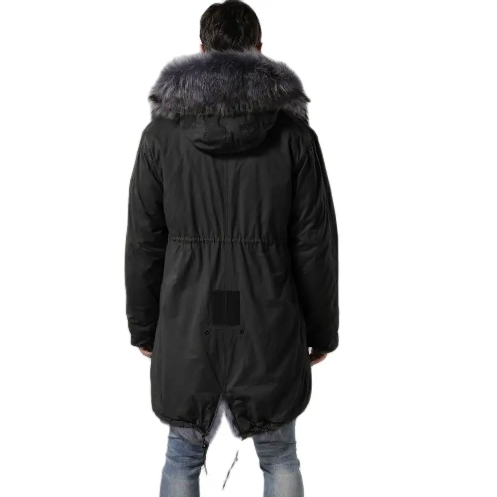 Fashion Thick Warm Parka Black Outshell With Grey Fox Fur Lining Long Fur Coat Winter Men Overcoat