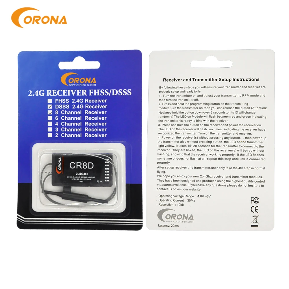 Corona CR8D 2.4Ghz 8ch Receiver Compatible with CT8F/CT8J /CT8Z/CT3F/ V2 DSSS Module