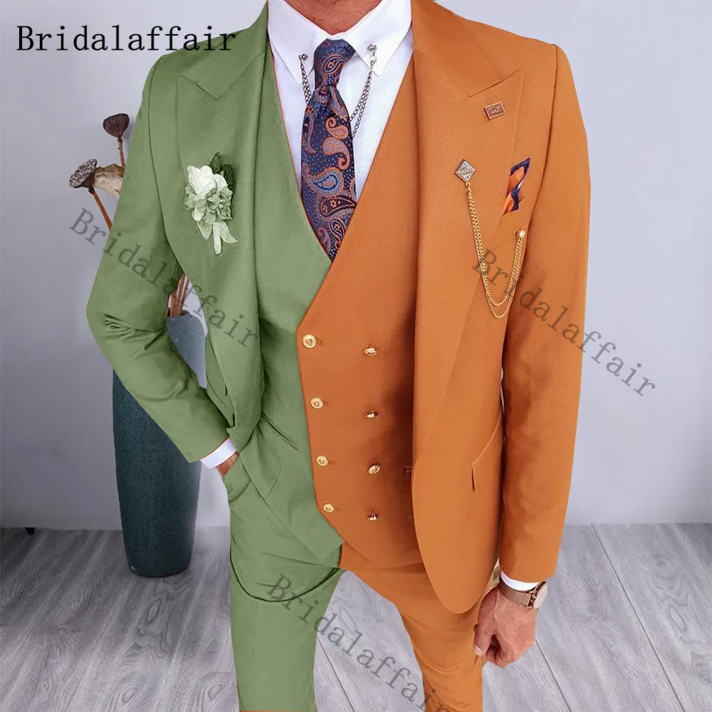 Bridalaffair Half Pink Orange Mixed colors Men Suits 2021 Fashion 3 Piece Set Peal Lapel Blazer Double Breasted Vest Slim Pants