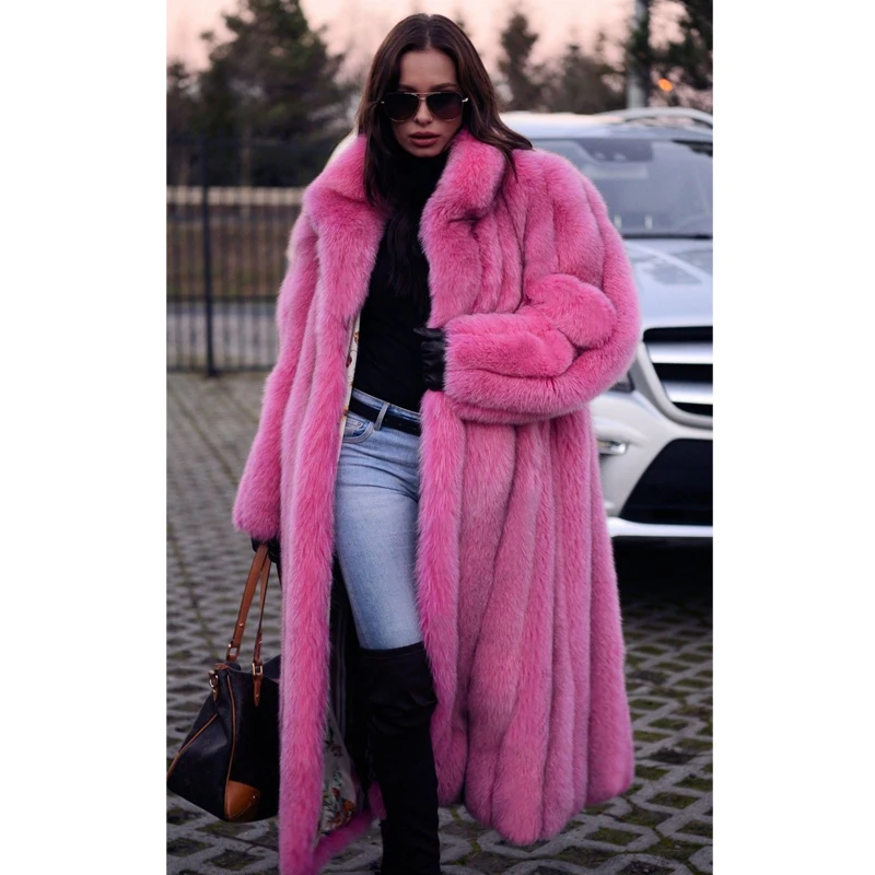 110cm Long Fashion Women Pink Fox Fur Coat Stand Collar Full Pelt Natural Fox Fur Jackets Thick Warm Winter Outwear Fur Coats