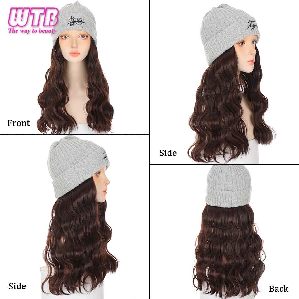 WTB Synthetic Wig  with Knitted Hat for Women Brown Long Water Wave Wig with Hat Integrated Warm Autumn and Winter Models