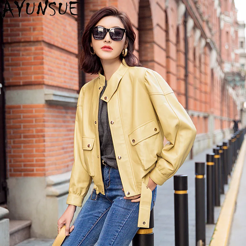 AYUNSUE High Quality Genuine Leather Jacket Women Yellow Real Sheepskin Coat Female Korean Clothes Coats and Jackets Women 2021