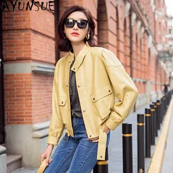 Ayu-Chaqueta de piel auténtica para mujer, abrigo amarillo de piel de oveja auténtica, ropa coreana, abrigos y chaquetas, 2021