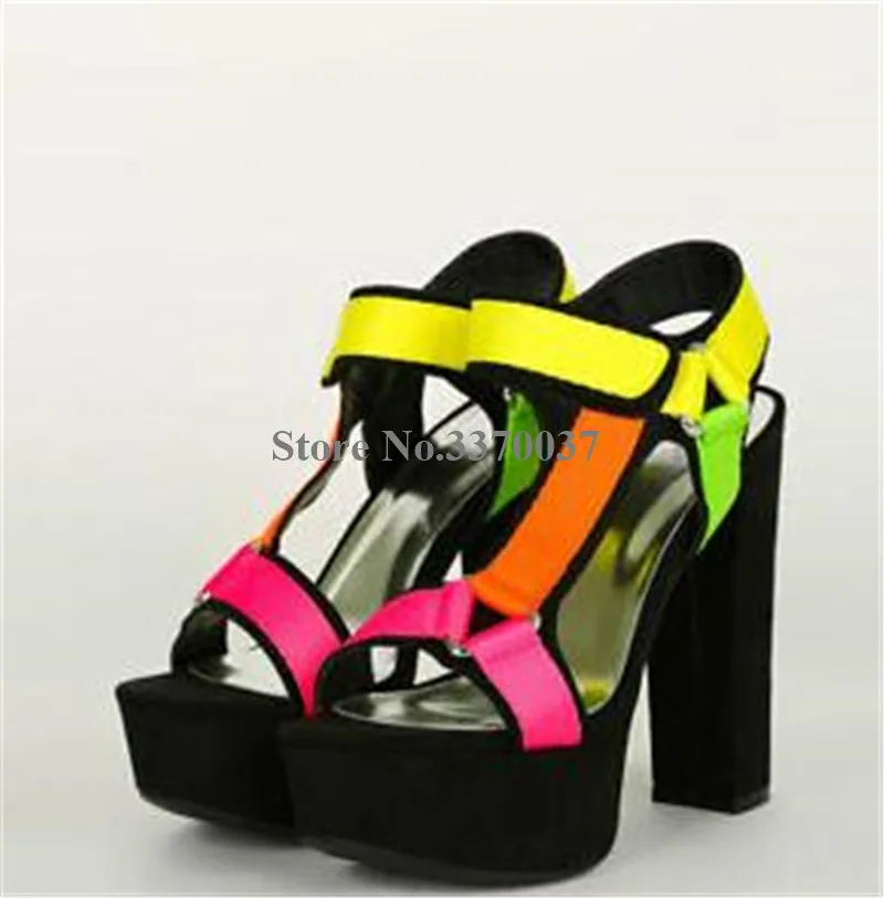 Newest Women Fashion Open Toe Neon Orange Patchwork Chunky Heel Sandals Buckles Multi-colors High Platform Sandals Dress Heels