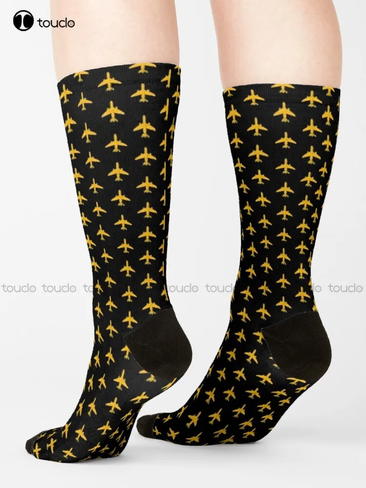 Yellow Jet Airplane Pattern Socks Black Soccer Socks Personalized Custom Unisex Adult Teen Youth Socks 360° Digital Print