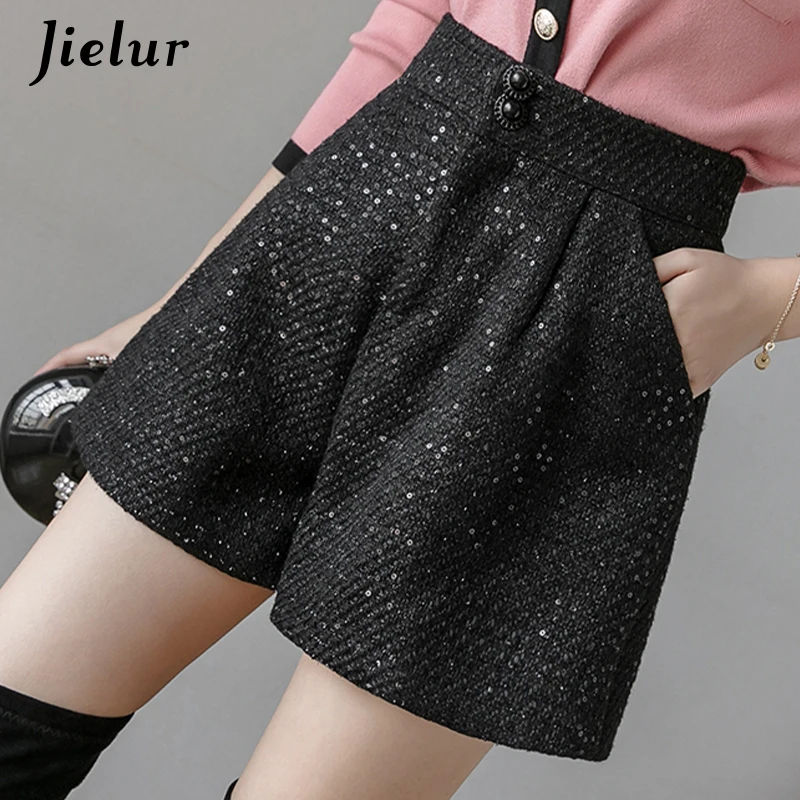 Jielur Women Shorts Autumn Winter  Slim High Waist Shorts Black Womens Sequin Chic Korean Pockets Short Trousers S-XXL