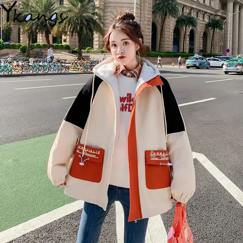 Street Style All-match Color Matching Cotton Jacket Korean Fashion Hooded Women's Jacket Casual Loose Long-sleeved Ladies Blouse