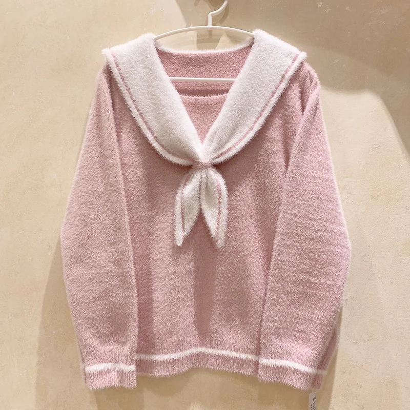 Winter College Plush Knitted Sweater Women Pink Kawaii Cashmere Jumper Girls Soft Warm Vintage Korean Fashion Female Pullover