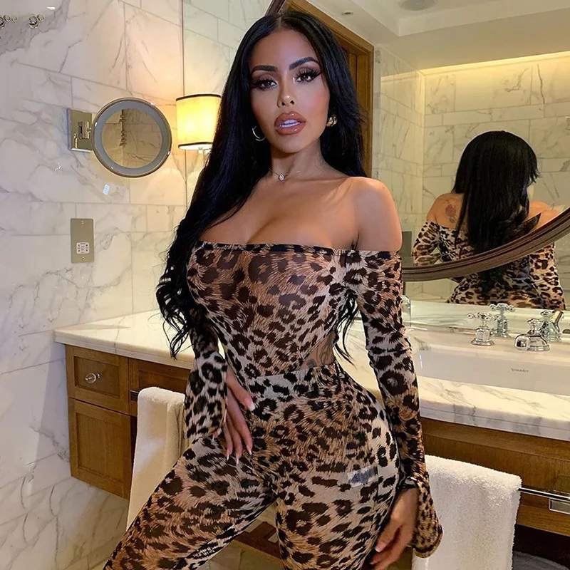 Sexy Matching Set Women Summer Clubwear Leopard Print Off Shoulder Long Sleeve Bodysuits Leggings Stretchy 2 Piece Outfits F0107