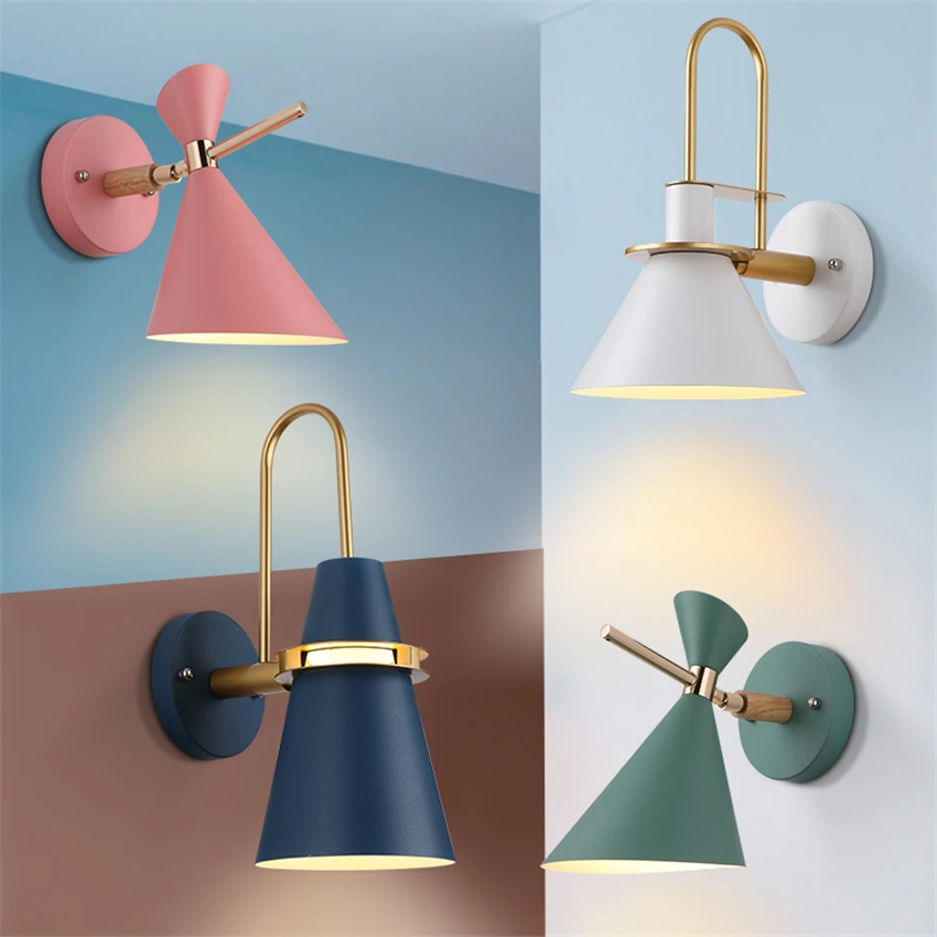 

Modern colored iron horn wall lamps living room creative bedroom bedside sconces lights Nordic macaron decor lighting fixtures