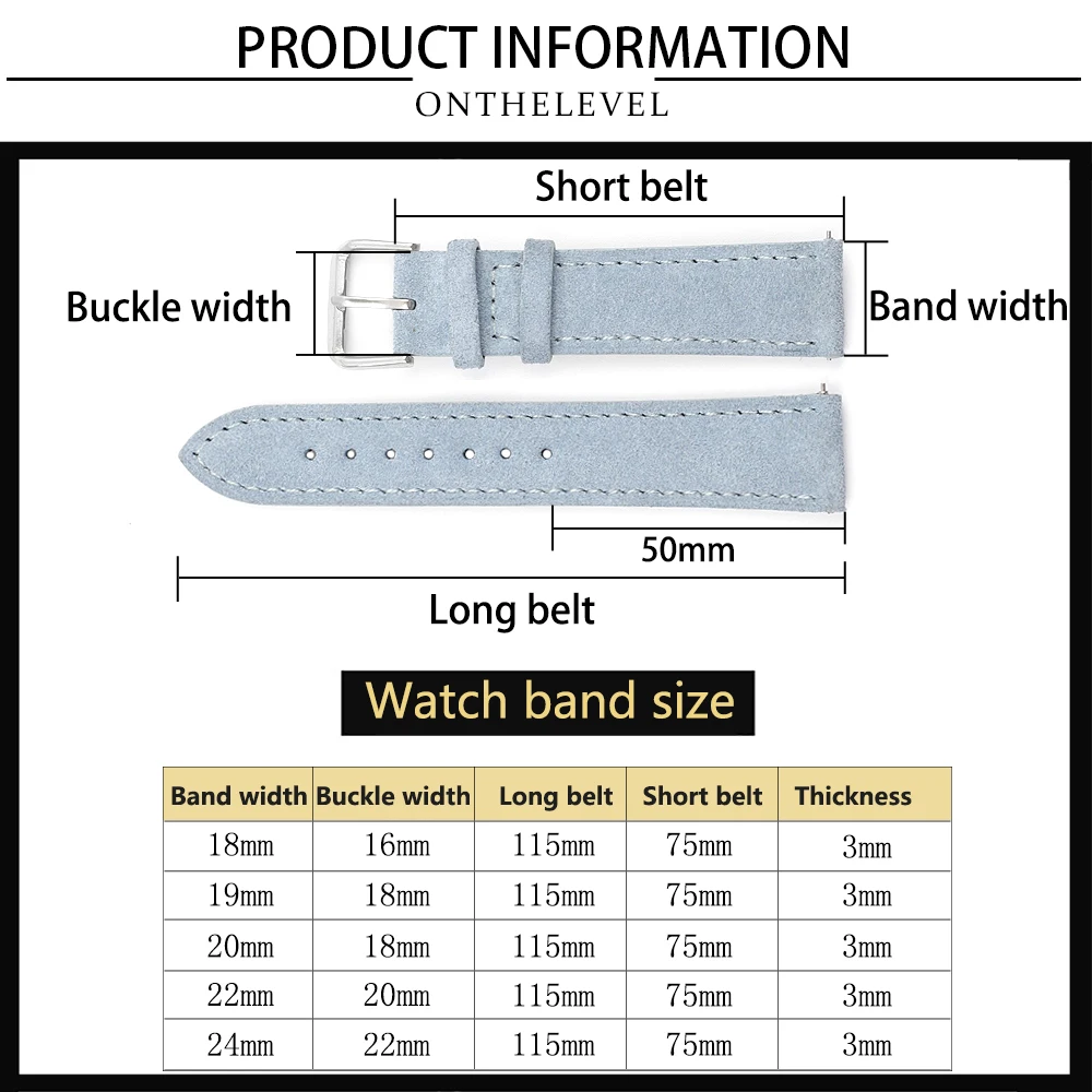 Onthelevel Suede Leather Watch Strap Retro Watchband 18mm 19mm 20mm 22mm Gray Blue Brown Black Watch Accessories