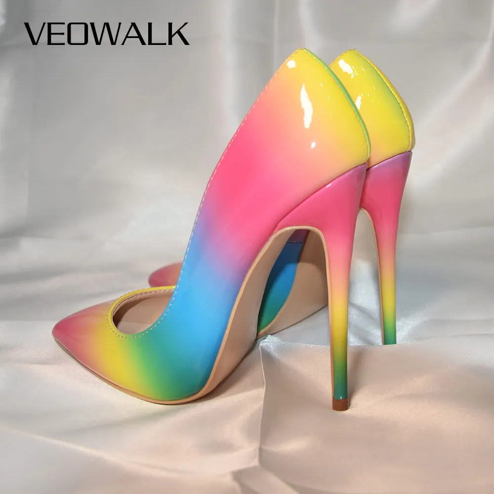 Veowalk Rainbow Colorful Patent Leather Women Sexy Stiletto Extemely High Heels, Ladies Fashion Pointed Toe Pumps Party Shoes