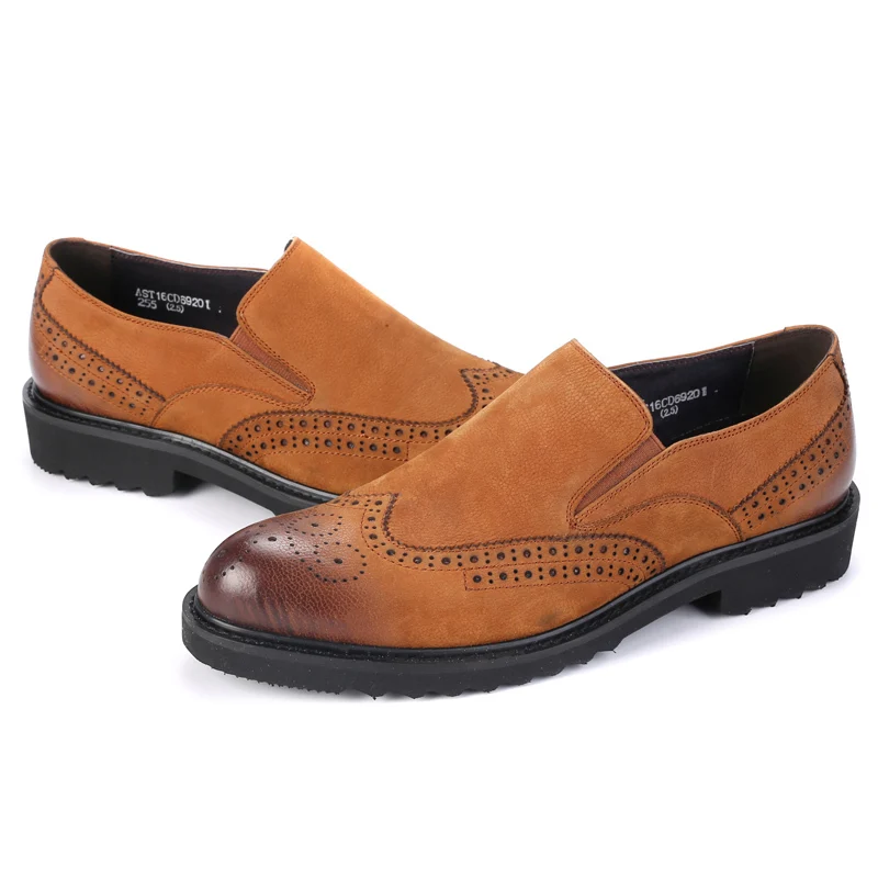 

2020 New Fashion Genuine Leather Mens Slip On Pointed Toe Male Formal Shoes Wing Tip British Style Brogue Shoes Footwear Brown