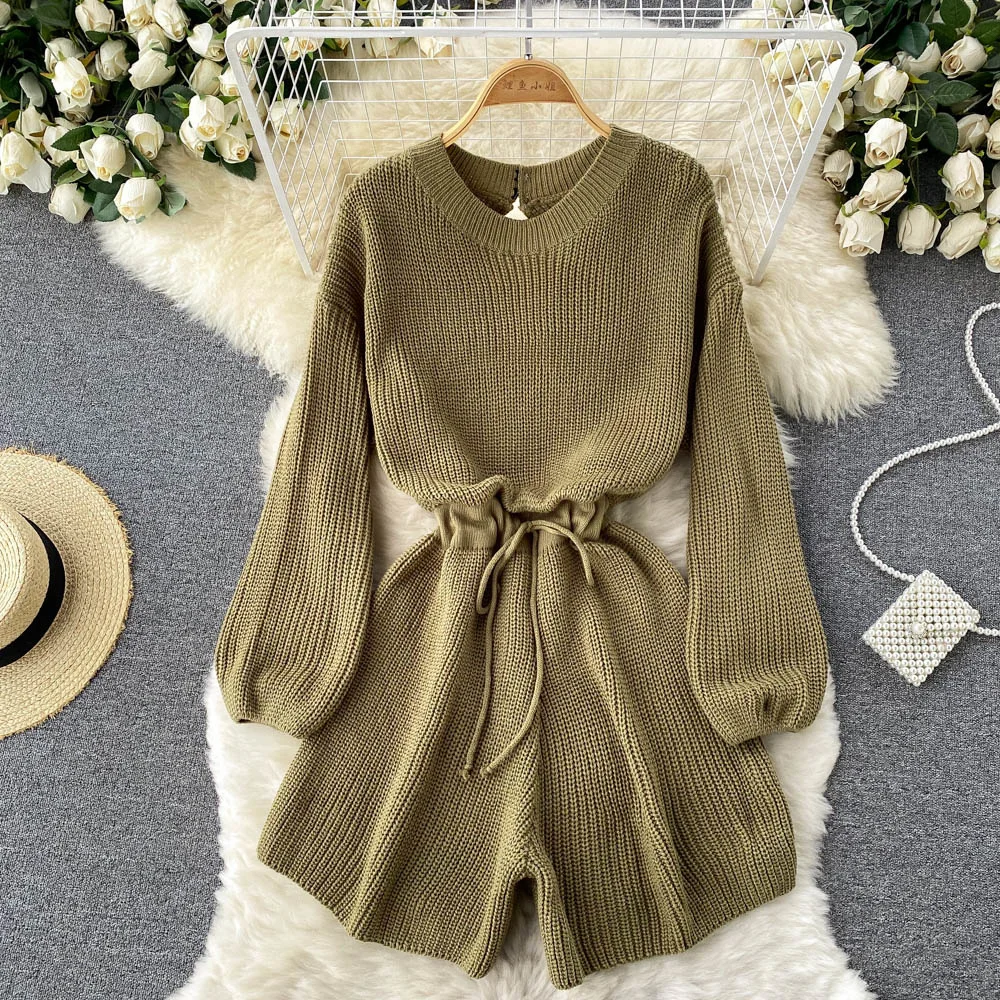 Women Knitted Playsuits Fashion Streetwear O-neck Long Sleeve Drawstring Lace-up Back Hole Casual Loose Short Jumpsuit Overalls