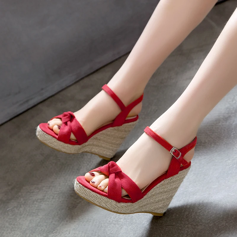 Size 34~46 Wedges Sandal Women Summer New Platform Pumps Bohemia High Heel Ankle Strap Solid Flock Female Shoes Zapatos De Mujer