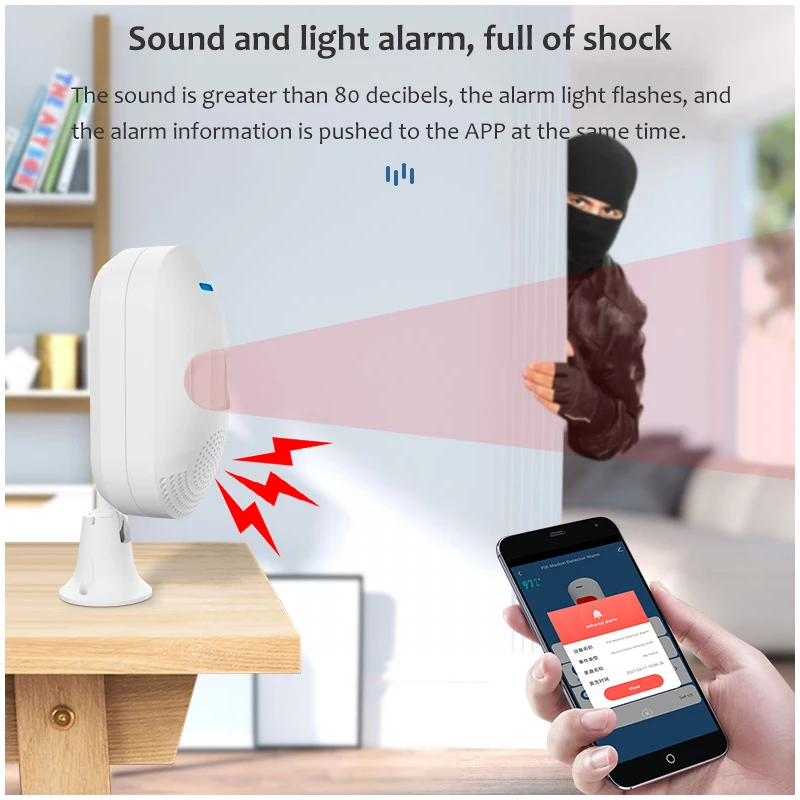 Sistema de Alarme PIR Sensor de Movimento, Tuya, Wi-Fi, Buzzer embutido, USB, Bateria, Duas Fontes de Alimentação, Automação residencial, Sistema de