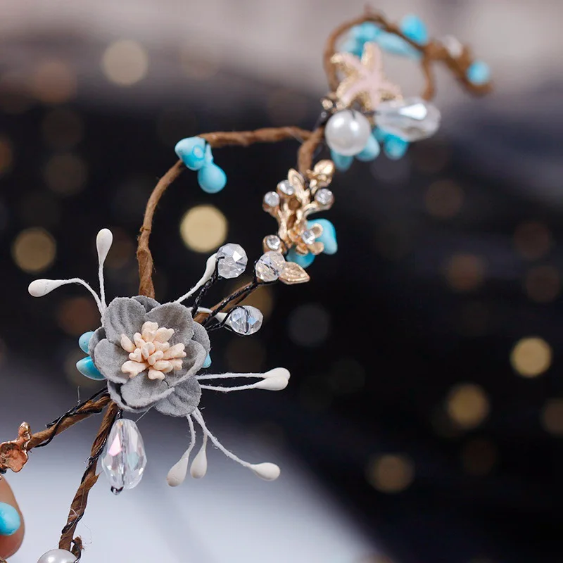 Luxury Blue Pink Flower Crystal Headbands Handmade Beads Baroque Flowers Garland Circular Hoop Crowns Bridal Wedding Accessories