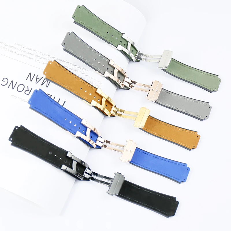 New 25*19mm Crazy horse leather Nature rubber silicone watchband watch band strap for strap for Big bang belt accessories