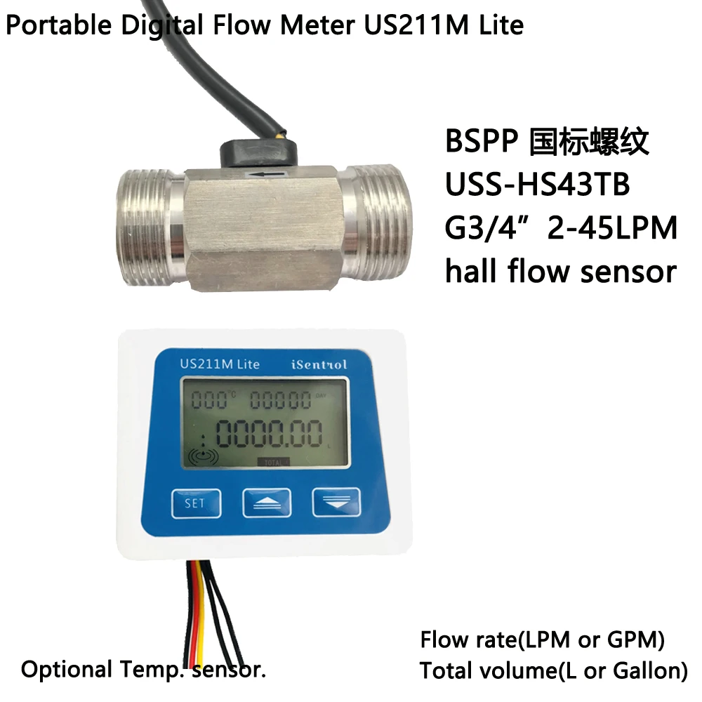 

US211M Lite Digital Flow Meter & BSPP USS-HS43TB Stainless Steel 304 Hall Water Flow Sensor 2-45L/M G3/4" Turbine Flowmeter