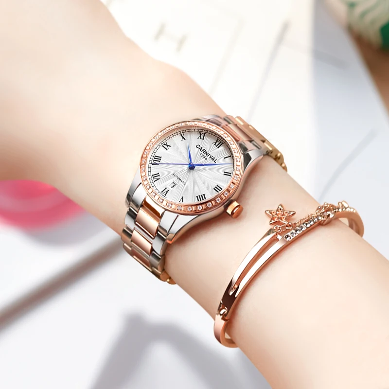 Carnival Brand Fashion Women Mechanical Watch Luxury Stainless Steel Bracelet Waterproof Calendar Ladies Watch Relogio Feminino