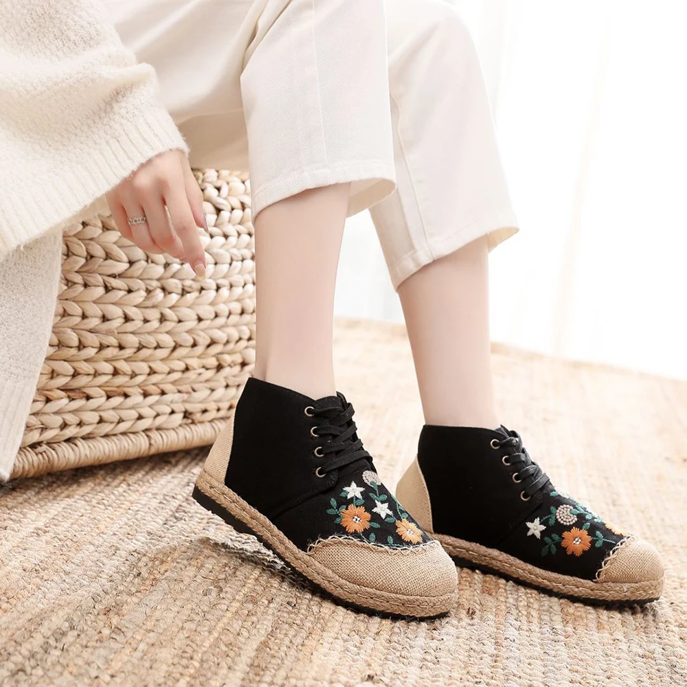 Veowalk Daisy Embroidered Women Linen Cotton High Top Lace Up Espadrilles Sneakers Ladies Comfortable Casual Flat Booties Shoes