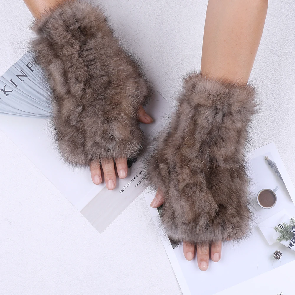 Highend Quality Women\'s 100% Real Sable Fur Knitted Fingerless Gloves Mittens Mitts Mit Winter Girls Mink Fur Typing Glove