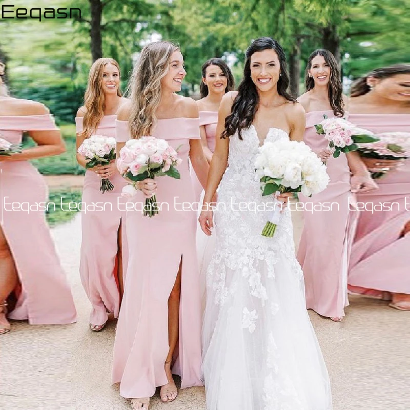 

Blush Mermaid Bridesmaid Dresses Off Shoulder Side Slit Maid Of Honor Woman Wedding Guest Gowns Formal Dress Plus Size