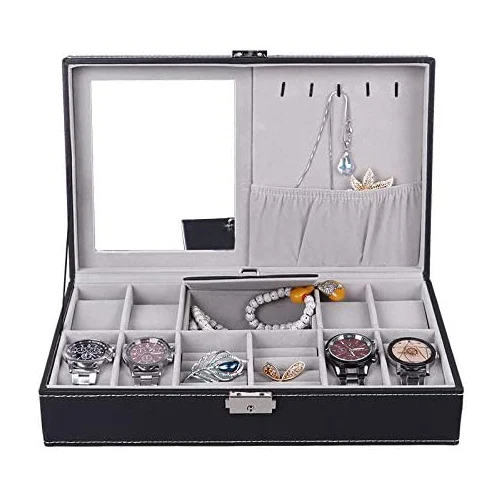 Jewelry Organizer 8-Slot Watch Box PU Leather with Mirror Case Organizer for Earring Ring Necklace Bracelet Jewelry Display