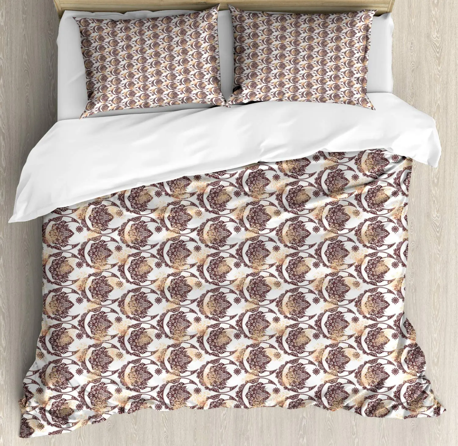 

Magic Moon Duvet Cover Set Oriental Pattern with Grunge Splashes 3 Piece Bedding Set Dark Maroon Burnt Sienna Champagne